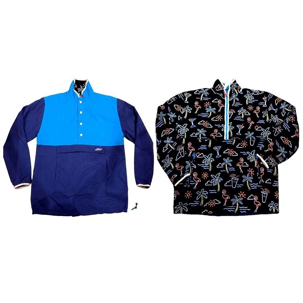 Chubbies Reversible Fleece Anorak Jacket Mens L Neon Lights Tropical Windbreaker